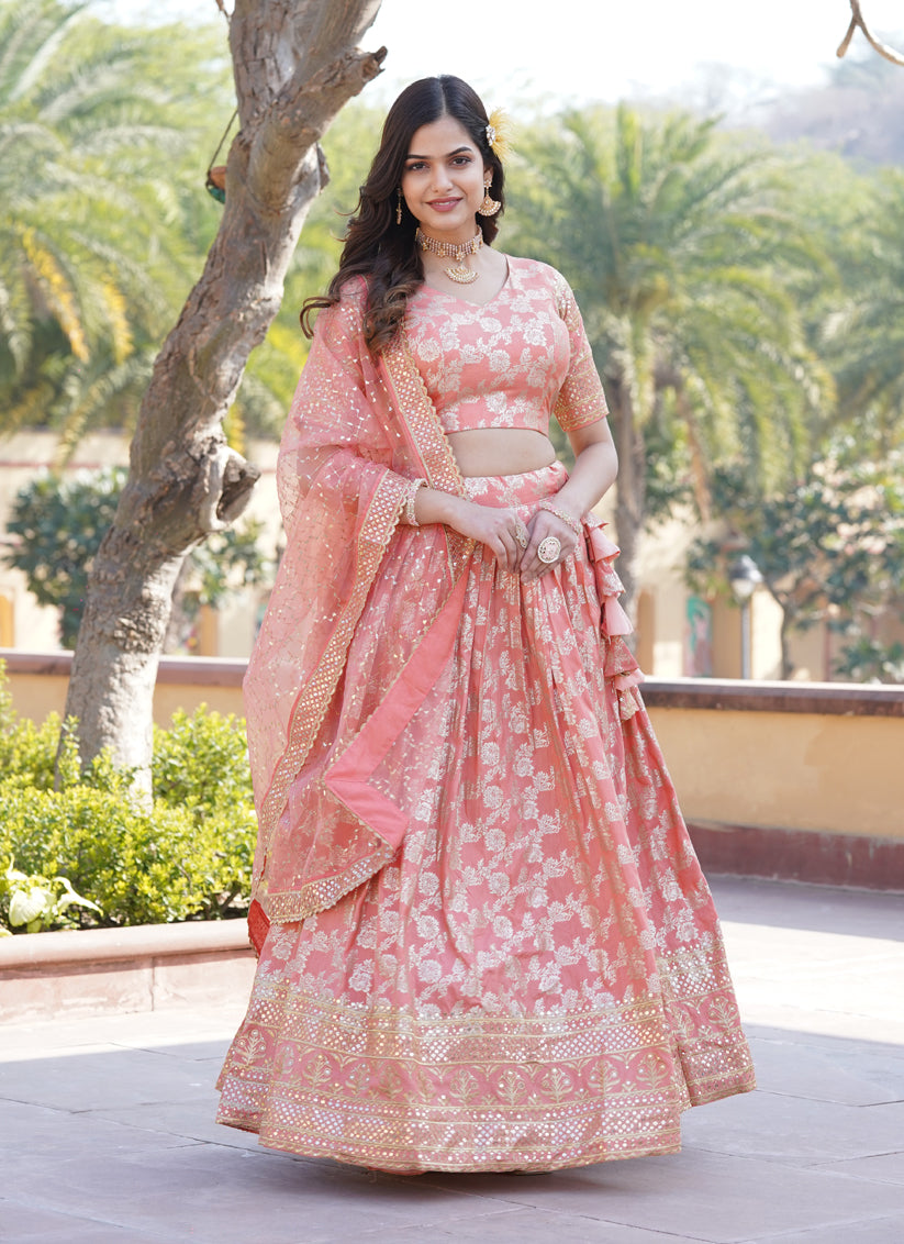 Peach Pure Viscose Jacquard Lehenga Choli