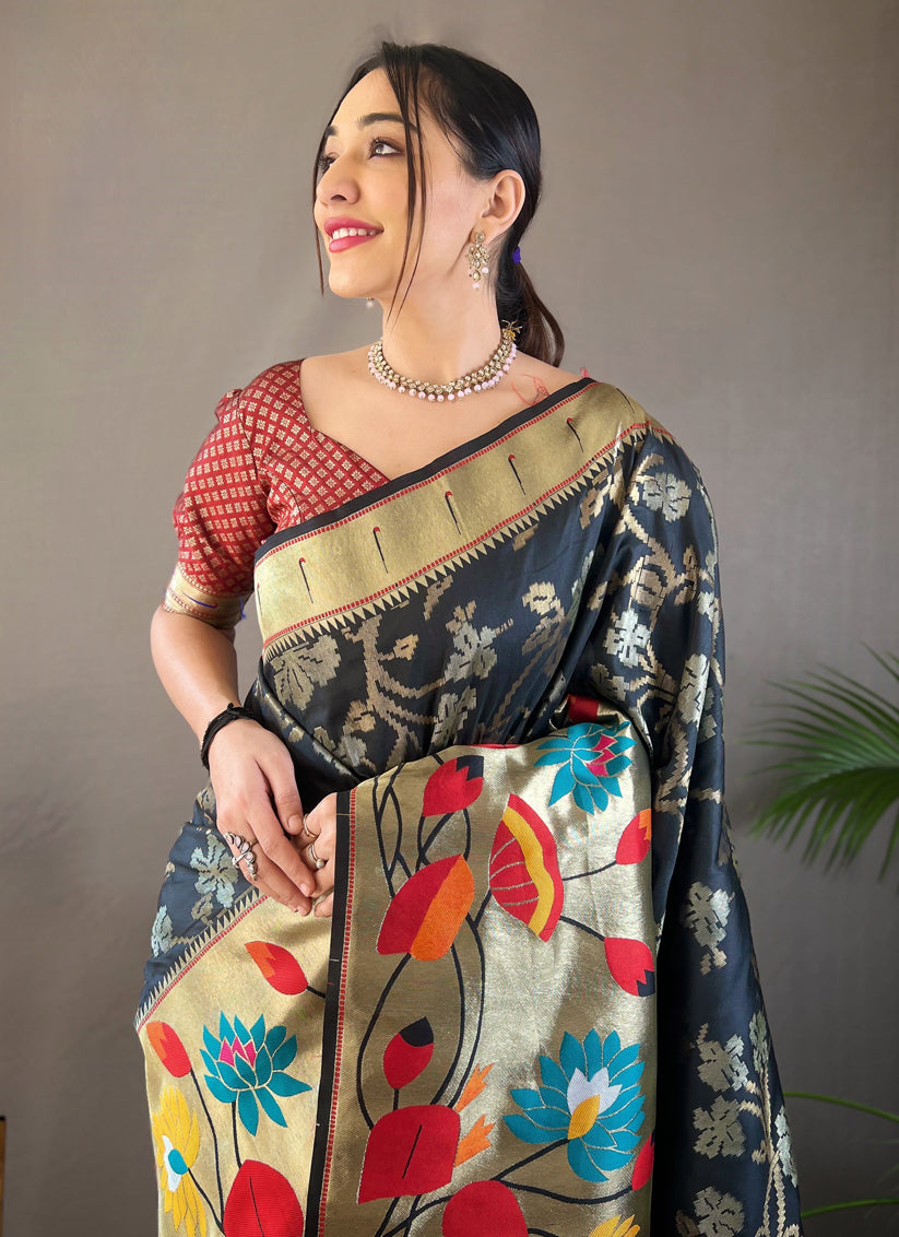 Black Silk Woven Work Saree for Festival