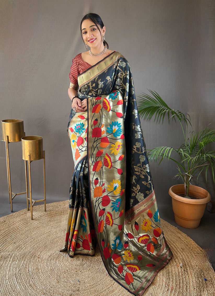 Black Silk Woven Work Saree for Festival