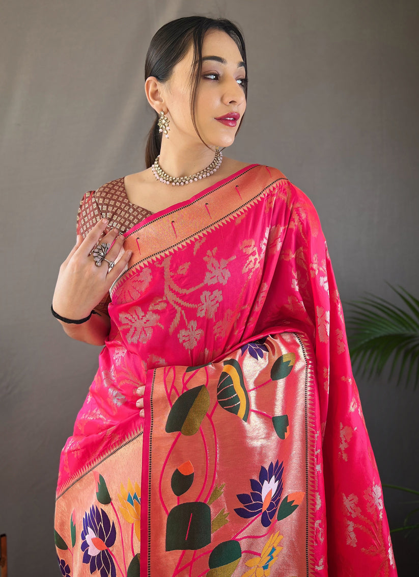 Rani Pink Silk Woven Work Saree for Festival