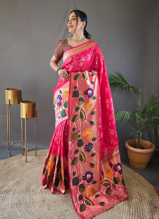 Rani Pink Silk Woven Work Saree for Festival