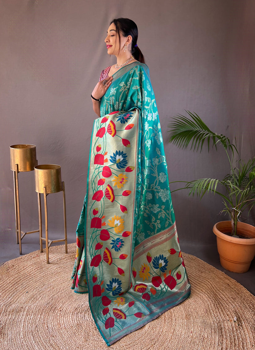 Rama Green Silk Woven Work Saree for Festival