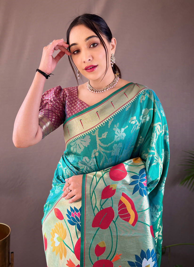 Rama Green Silk Woven Work Saree for Festival