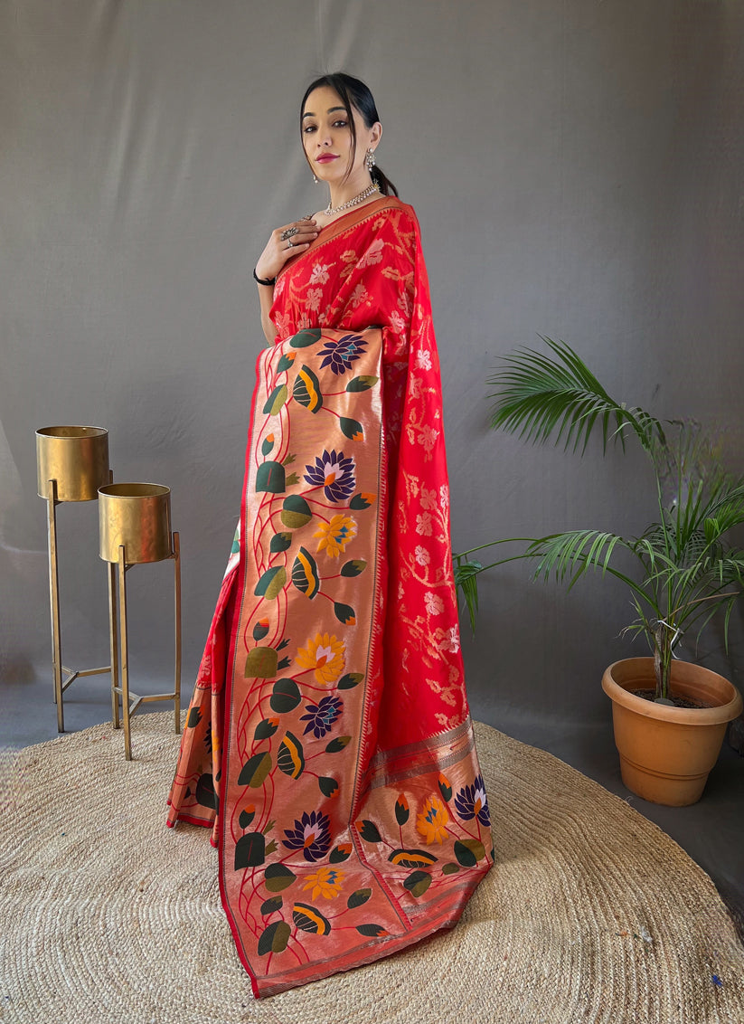 Red Silk Woven Work Saree for Festival