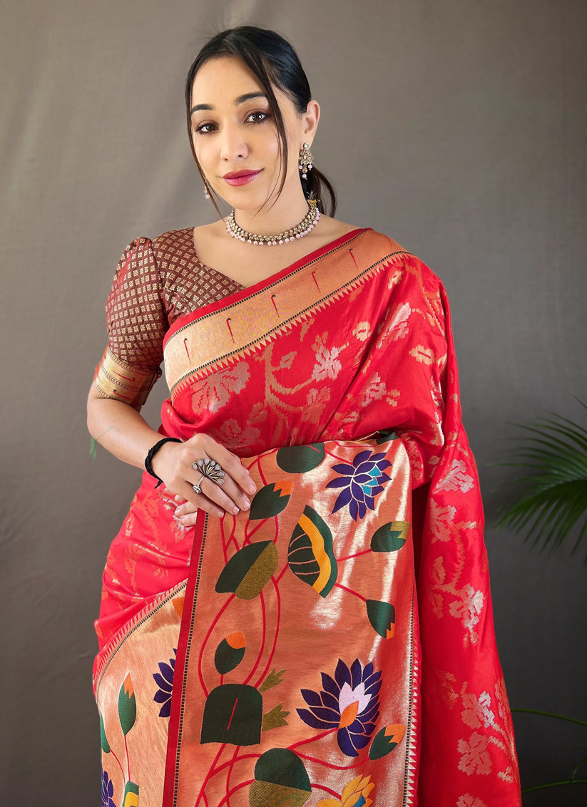 Red Silk Woven Work Saree for Festival