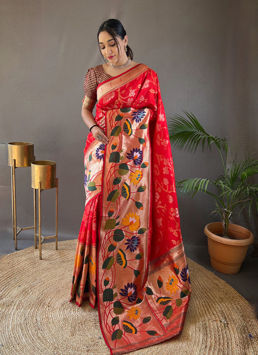 Red Silk Woven Work Saree for Festival