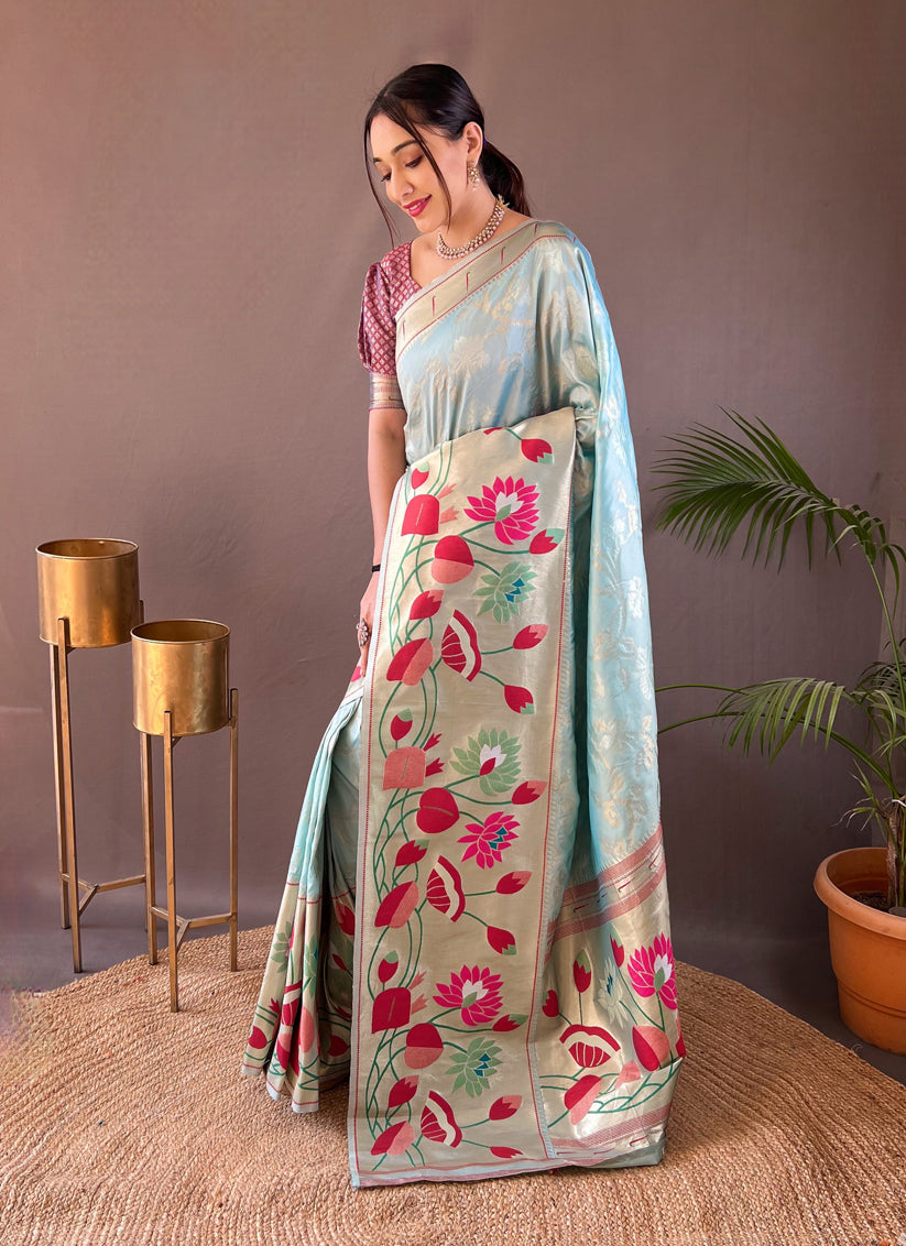 Sky Blue Silk Woven Work Saree for Festival