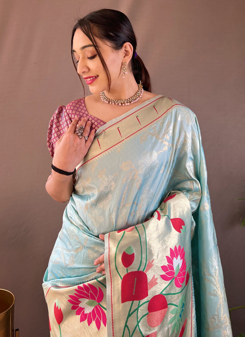 Sky Blue Silk Woven Work Saree for Festival