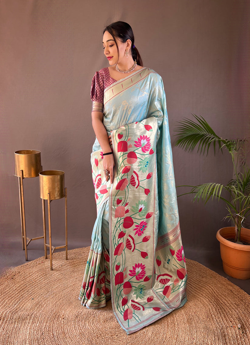 Sky Blue Silk Woven Work Saree for Festival