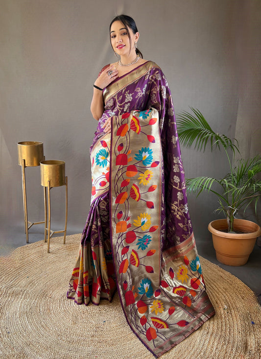 Purple Silk Woven Work Saree for Festival