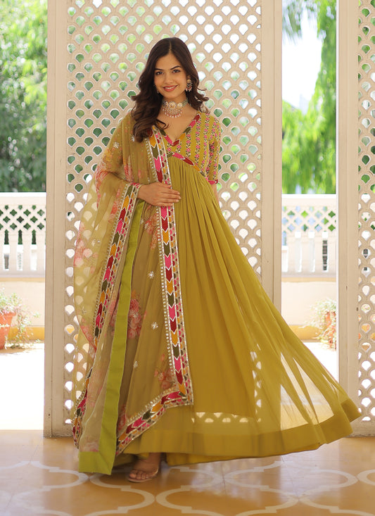 Pista Green Faux Georgette Embroidered Gown with Dupatta