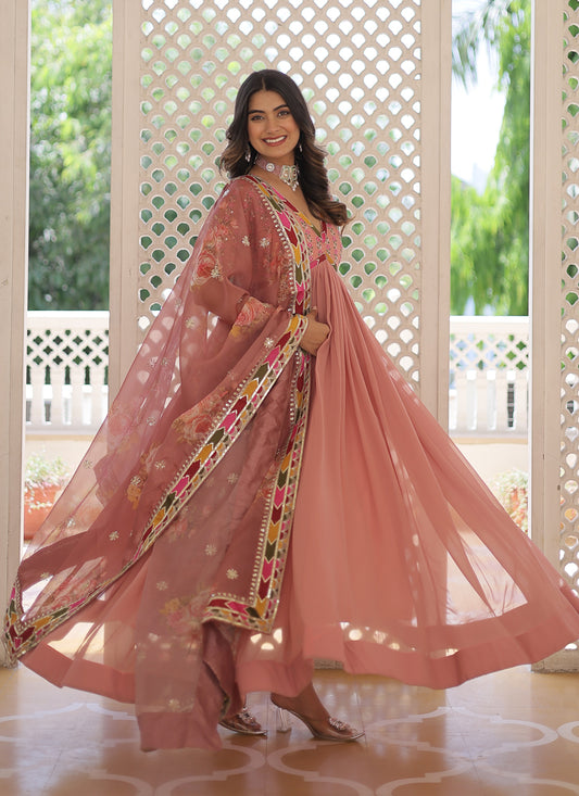 Peach Faux Georgette Embroidered Gown with Dupatta