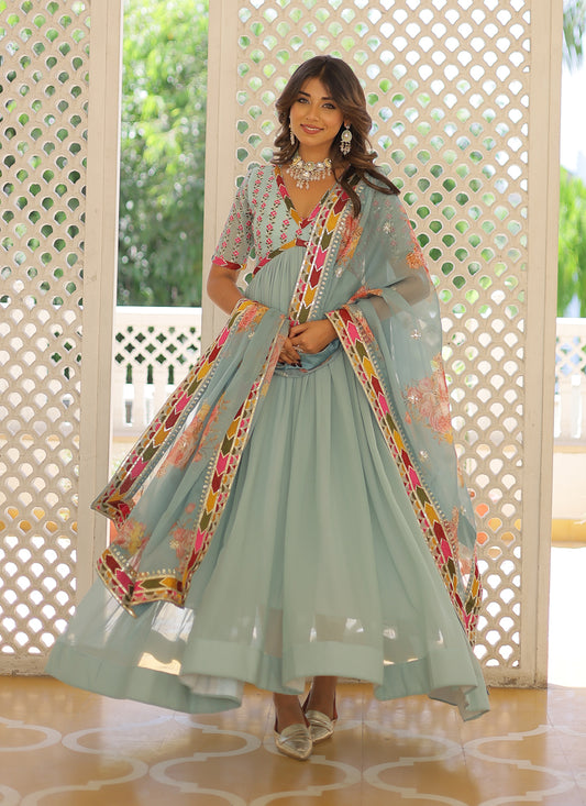 Sky Blue Faux Georgette Embroidered Gown with Dupatta