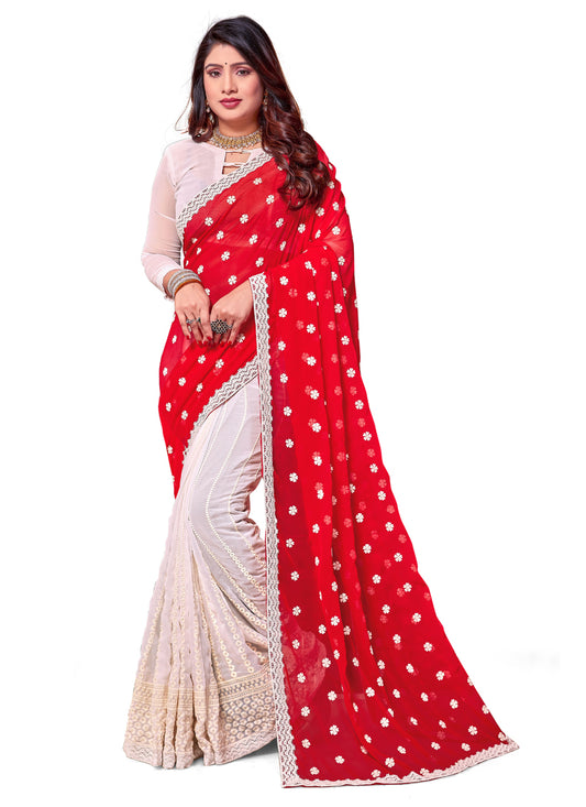 White and Red Georgette Embroidered Saree
