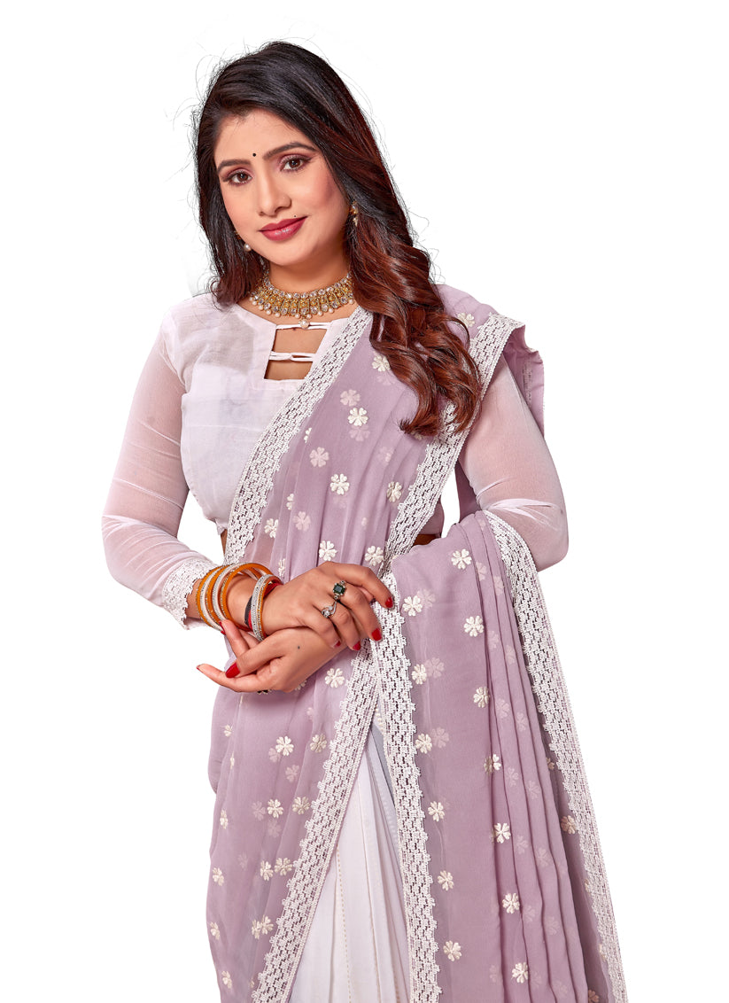 White and Lavender Georgette Embroidered Saree