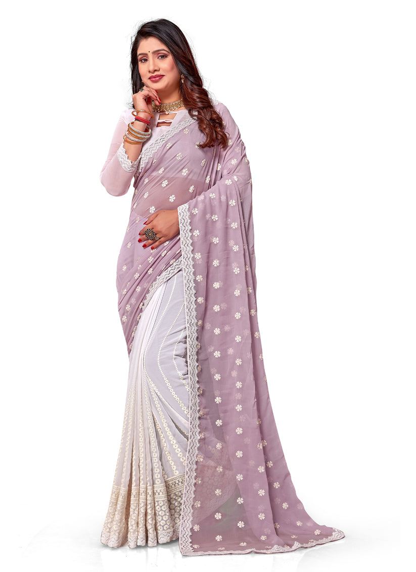 White and Lavender Georgette Embroidered Saree