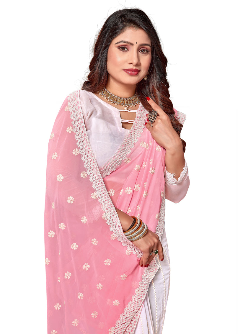 White and Pink Georgette Embroidered Saree