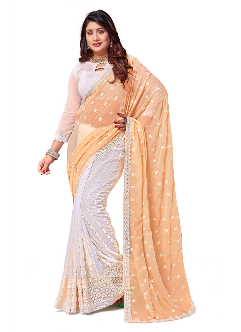 White and Yellow Georgette Embroidered Saree
