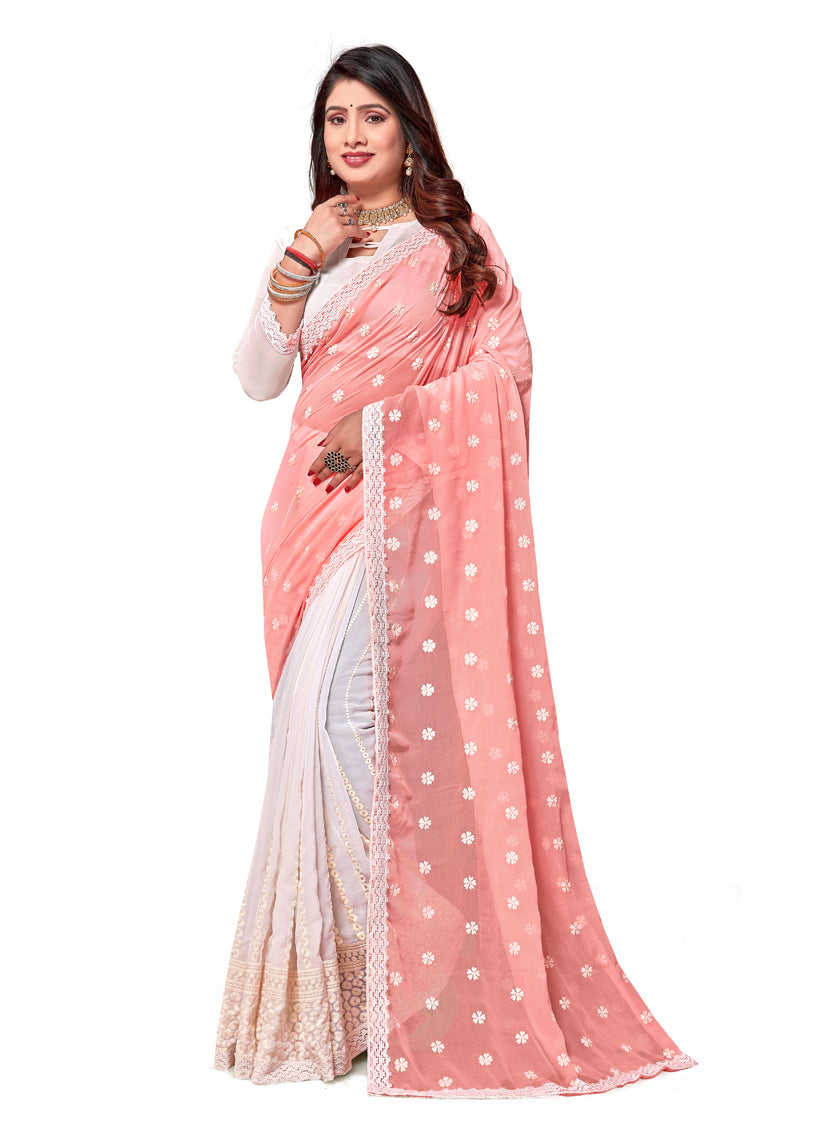 White and Peach Georgette Embroidered Saree