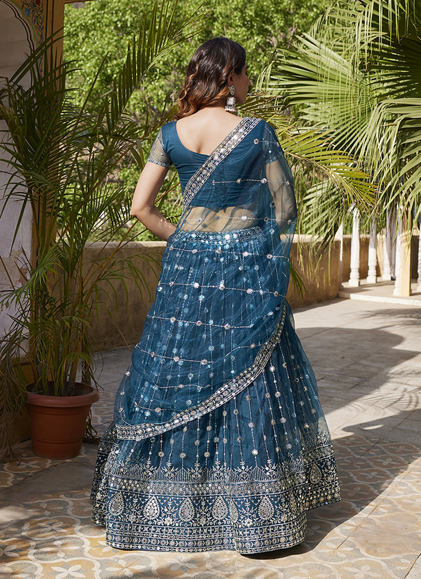 Peacock Blue Net Embroidered Wedding Lehenga Choli