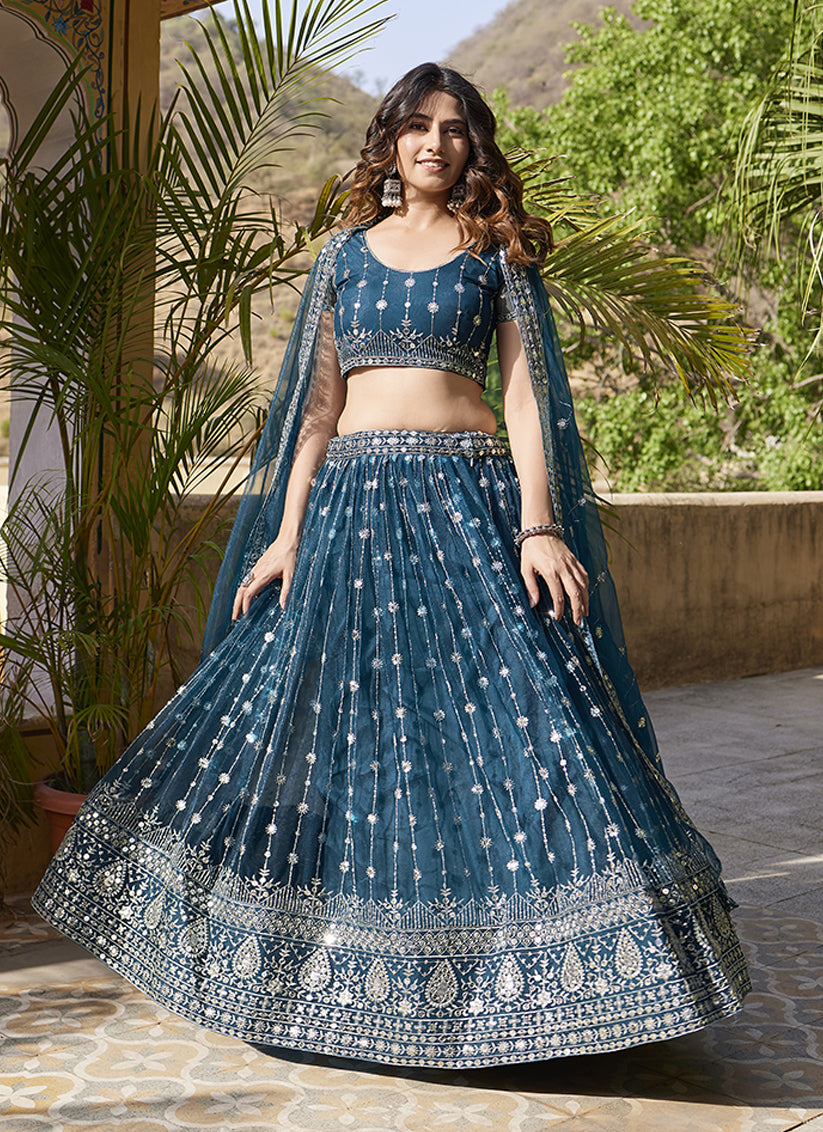 Peacock Blue Net Embroidered Wedding Lehenga Choli