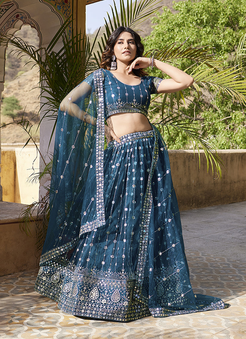 Peacock Blue Net Embroidered Wedding Lehenga Choli