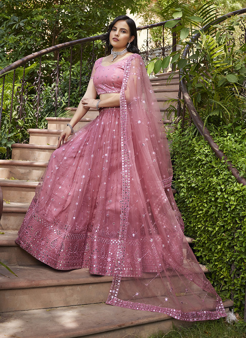 Carnation Pink Net Embroidered Wedding Lehenga Choli