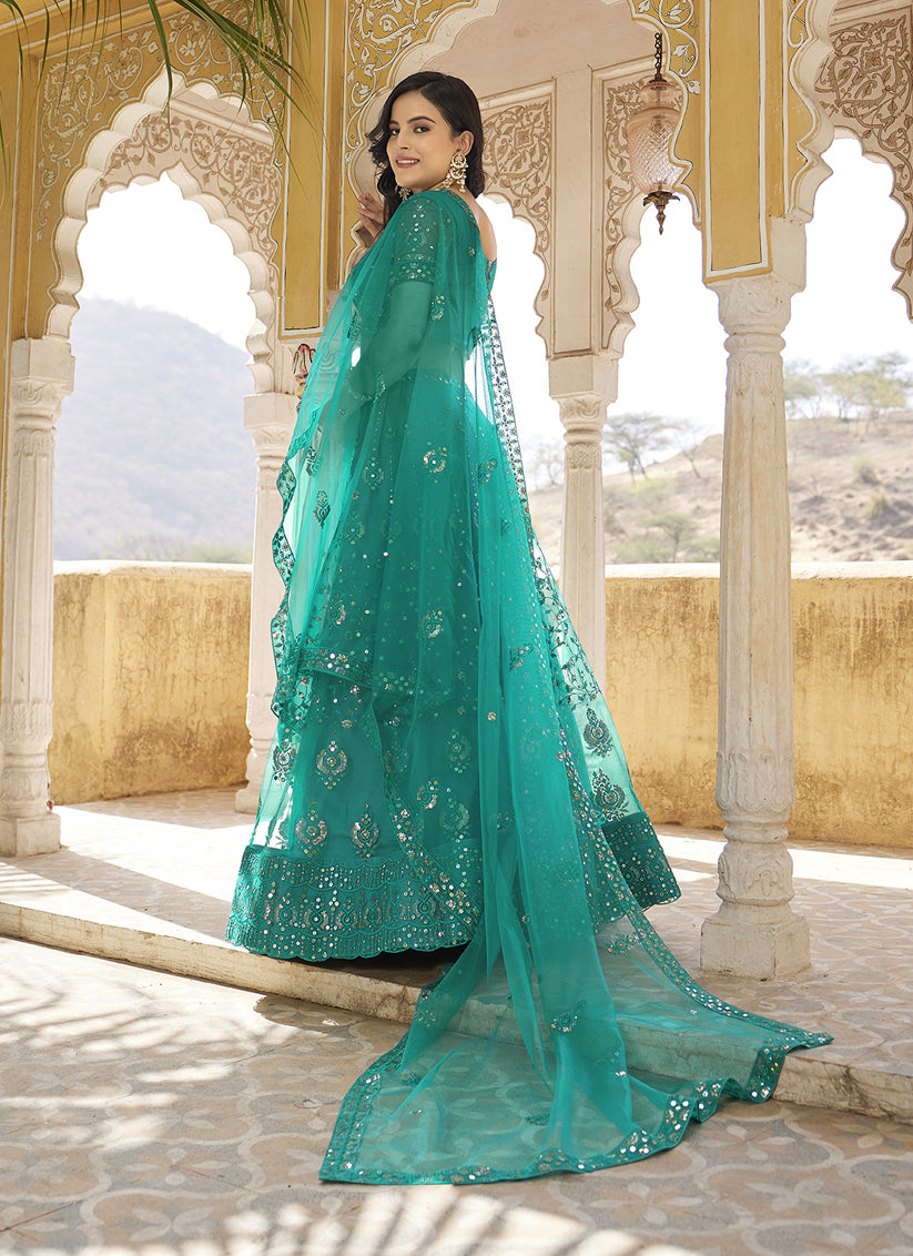 Rama Green Net Embroidered Wedding Lehenga Choli