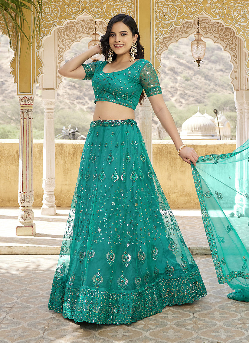 Rama Green Net Embroidered Wedding Lehenga Choli