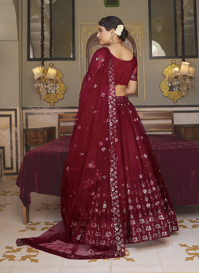 Maroon Net Embroidered Wedding Lehenga Choli