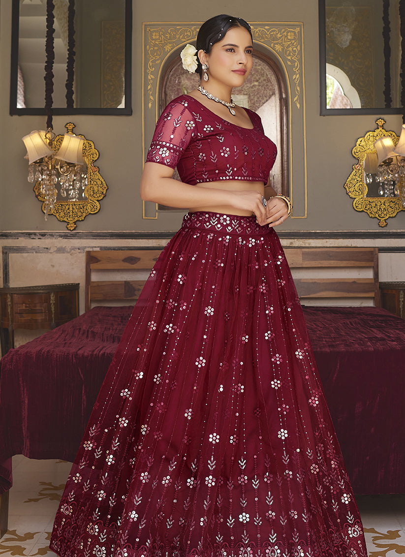 Maroon Net Embroidered Wedding Lehenga Choli