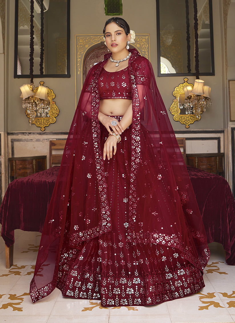 Maroon Net Embroidered Wedding Lehenga Choli