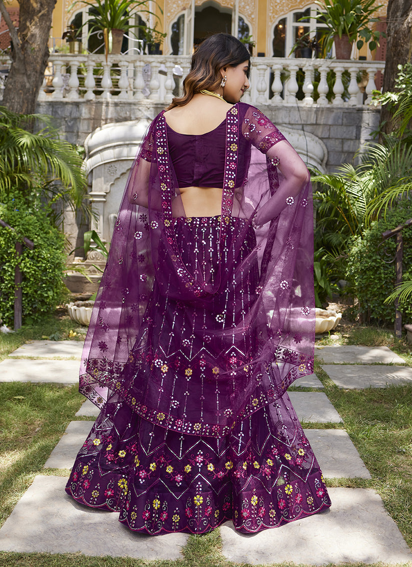 Wine Net Embroidered Wedding Lehenga Choli