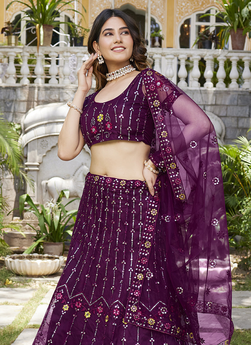 Wine Net Embroidered Wedding Lehenga Choli