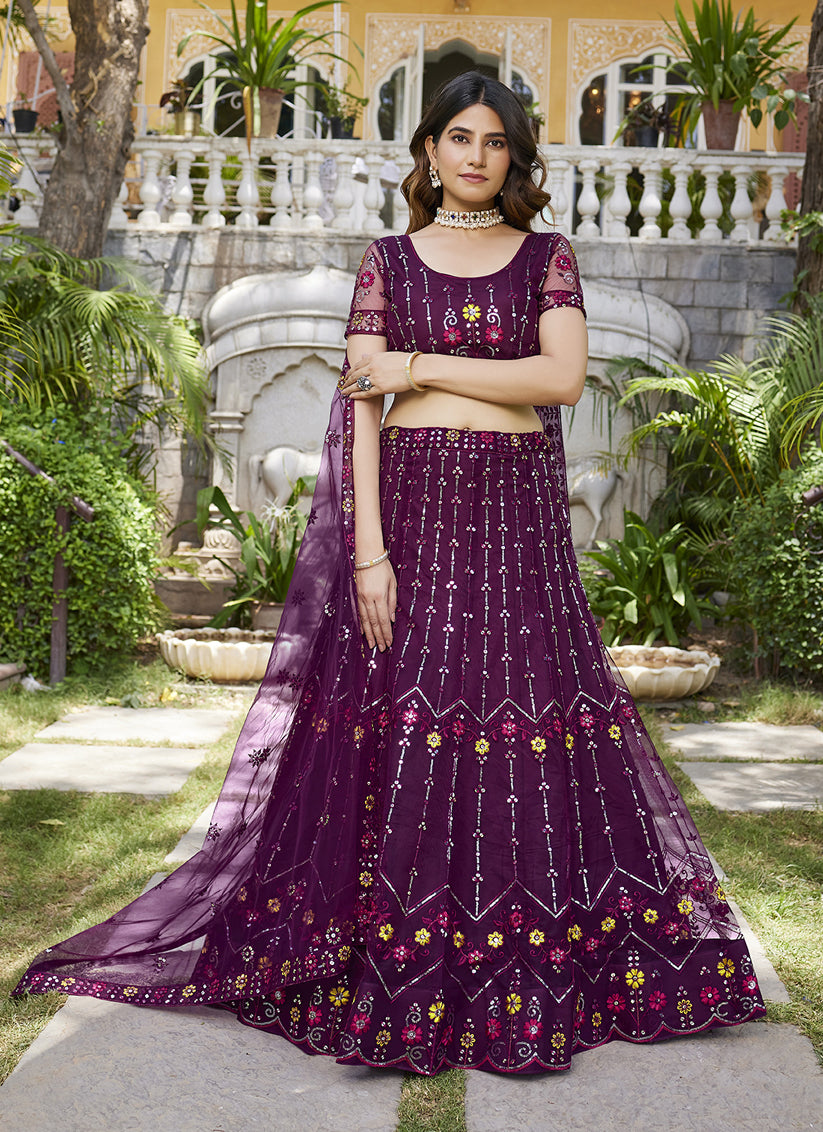 Wine Net Embroidered Wedding Lehenga Choli