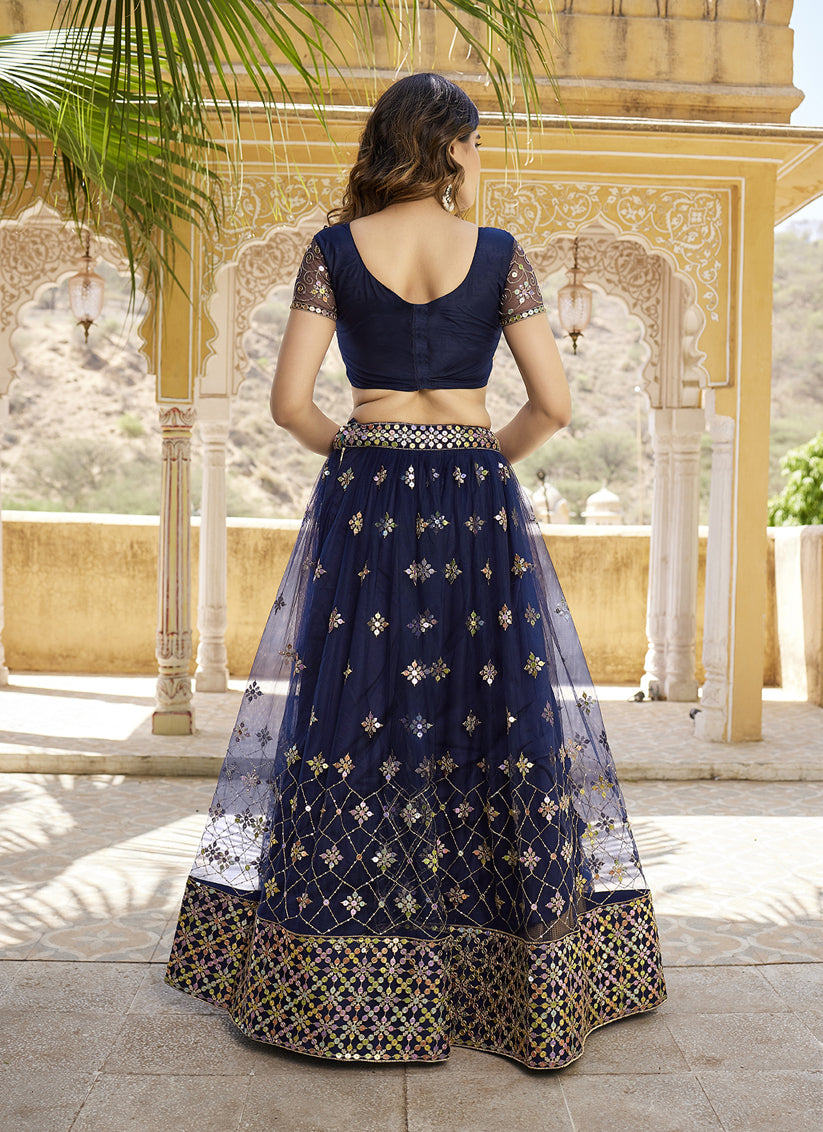 Navy Blue Net Embroidered Wedding Lehenga Choli