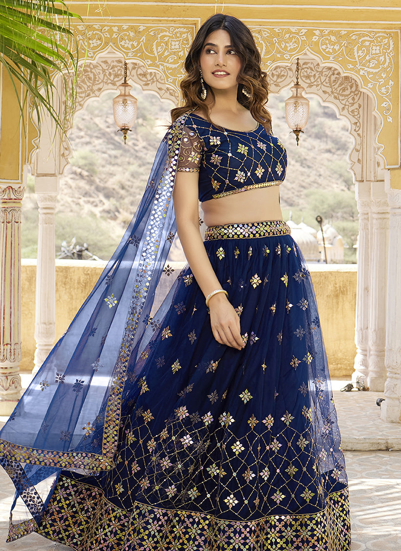 Navy Blue Net Embroidered Wedding Lehenga Choli