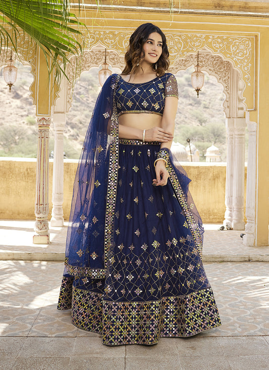 Navy Blue Net Embroidered Wedding Lehenga Choli