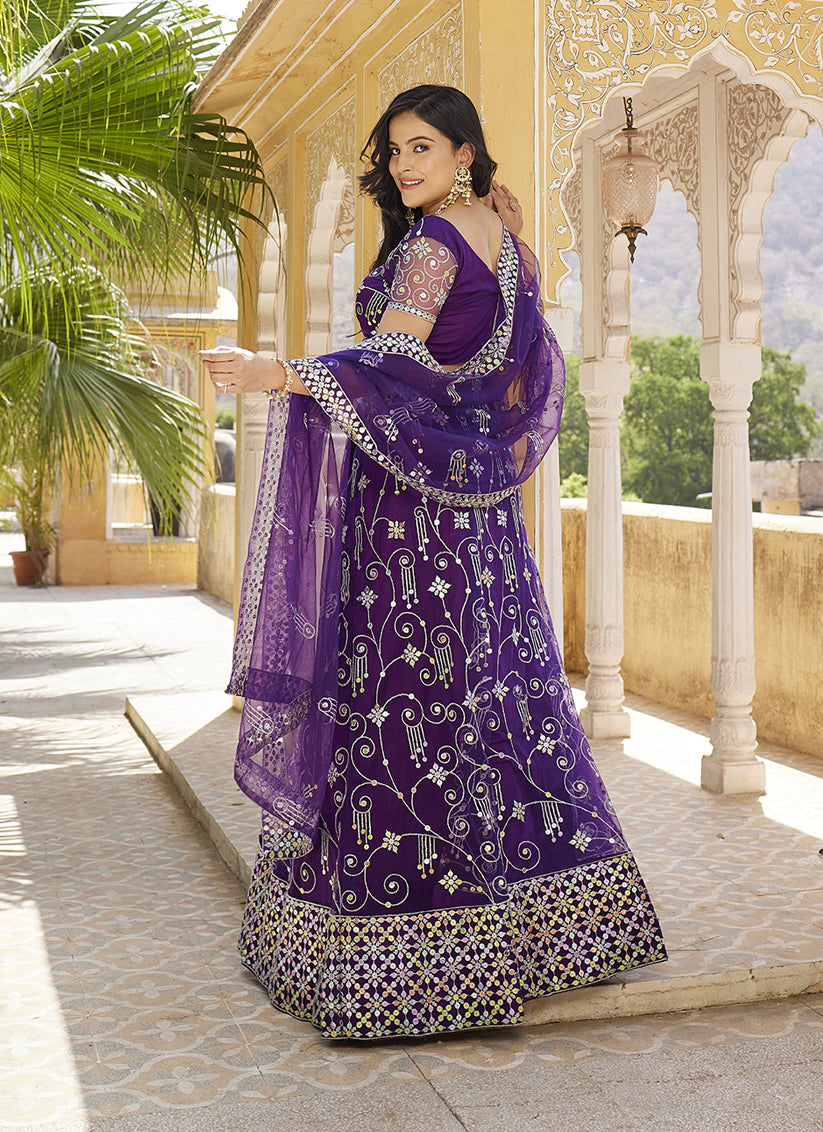 Amethyst Purple Net Embroidered Wedding Lehenga Choli