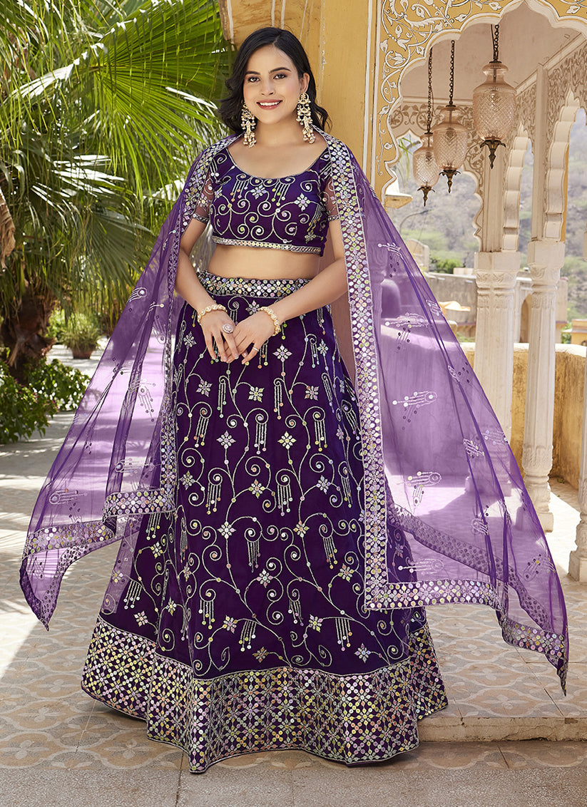 Amethyst Purple Net Embroidered Wedding Lehenga Choli