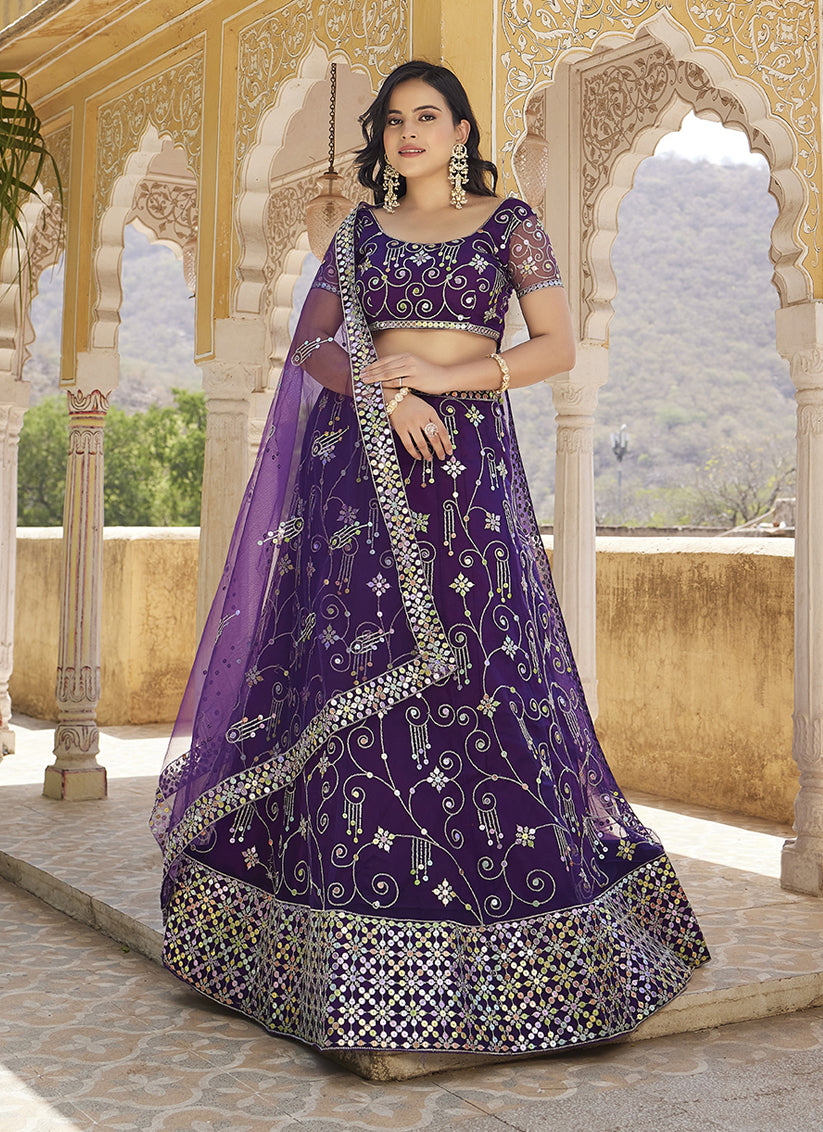 Amethyst Purple Net Embroidered Wedding Lehenga Choli