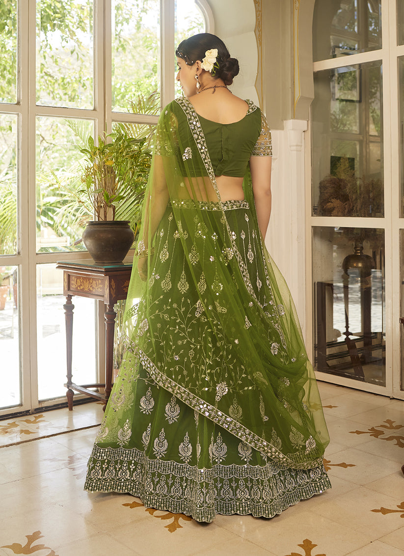 Olive Green Net Embroidered Wedding Lehenga Choli