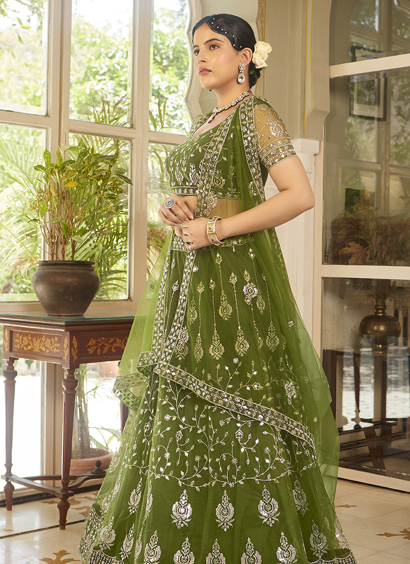 Olive Green Net Embroidered Wedding Lehenga Choli