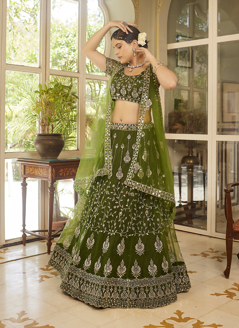 Olive Green Net Embroidered Wedding Lehenga Choli