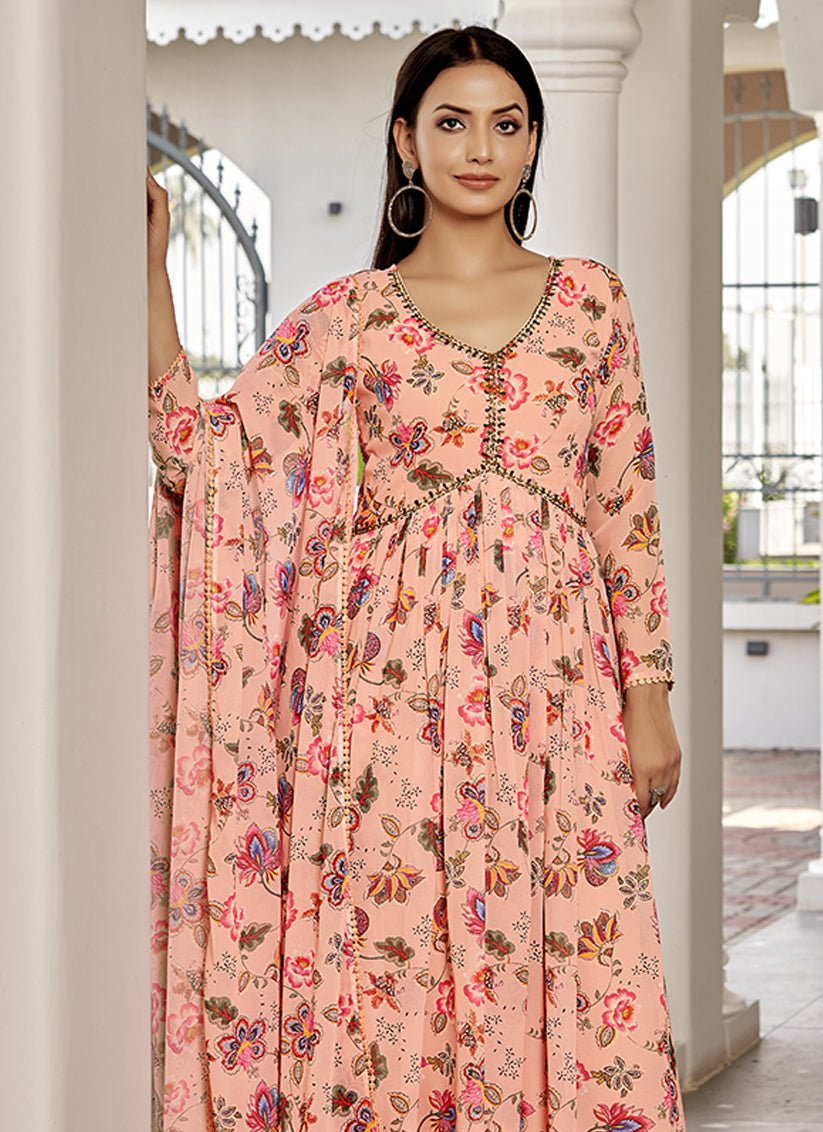 Peach Georgette Readymade Kurti with Dupatta