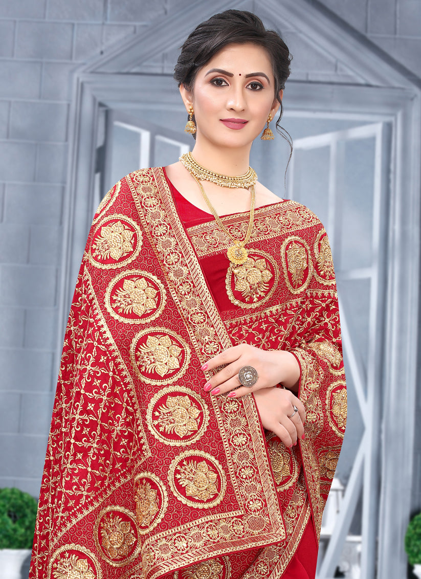 Red Vichitra Blooming Silk Embroidered Saree