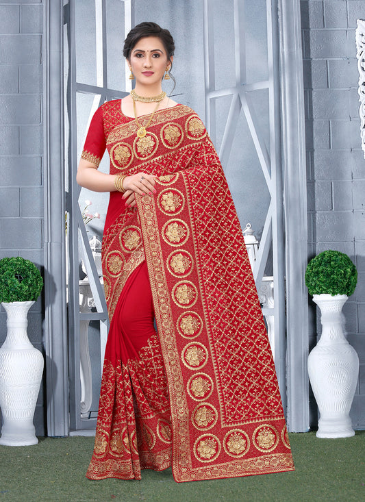 Red Vichitra Blooming Silk Embroidered Saree