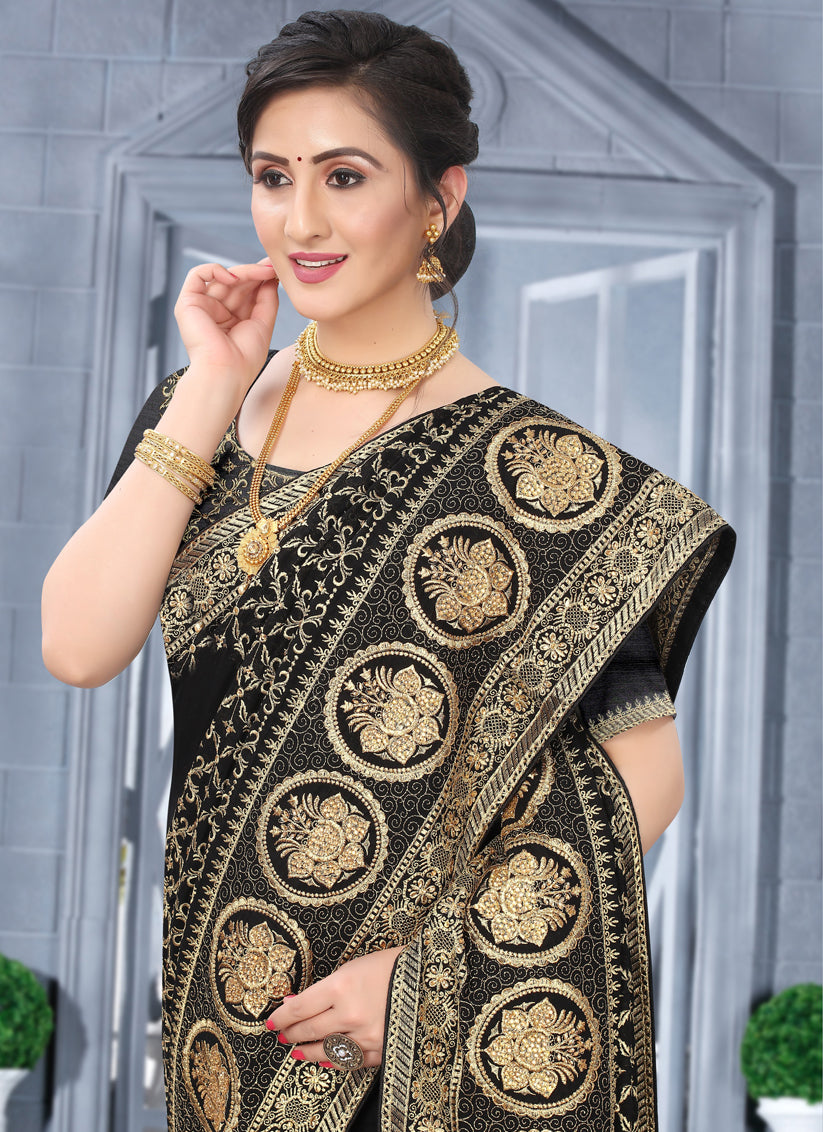 Black Vichitra Blooming Silk Embroidered Saree