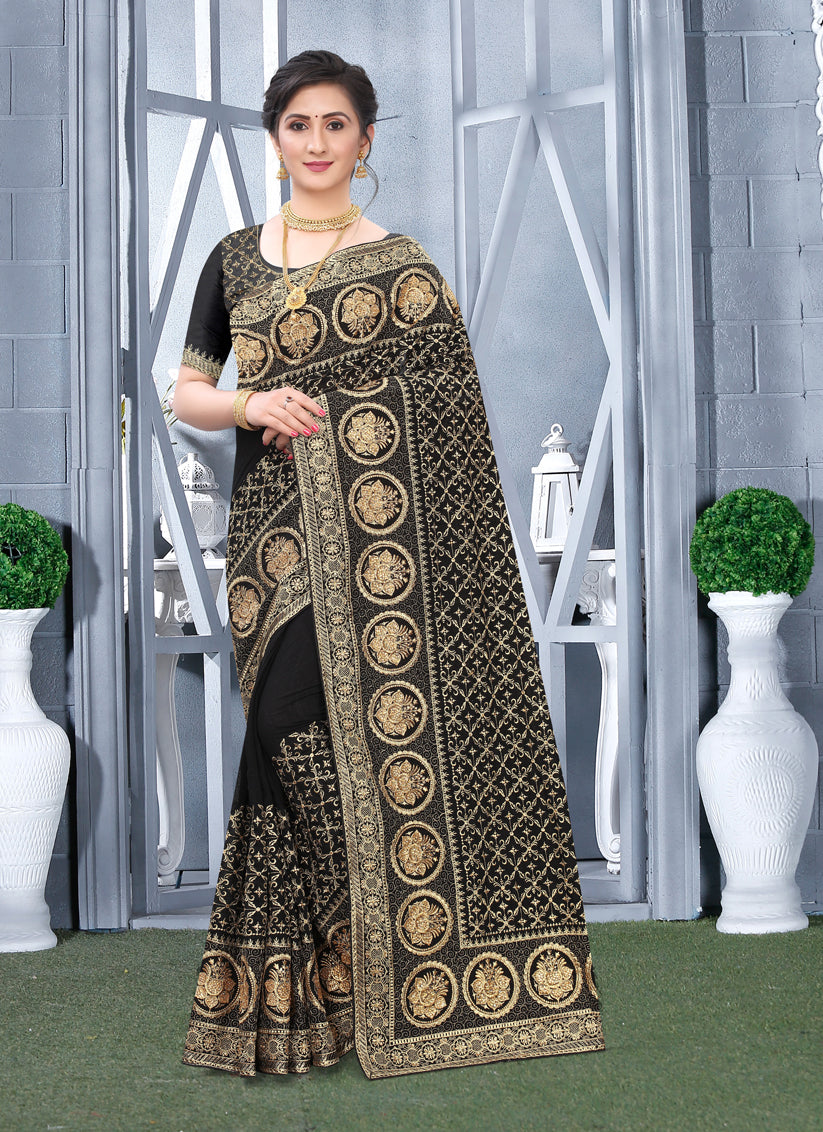 Black Vichitra Blooming Silk Embroidered Saree