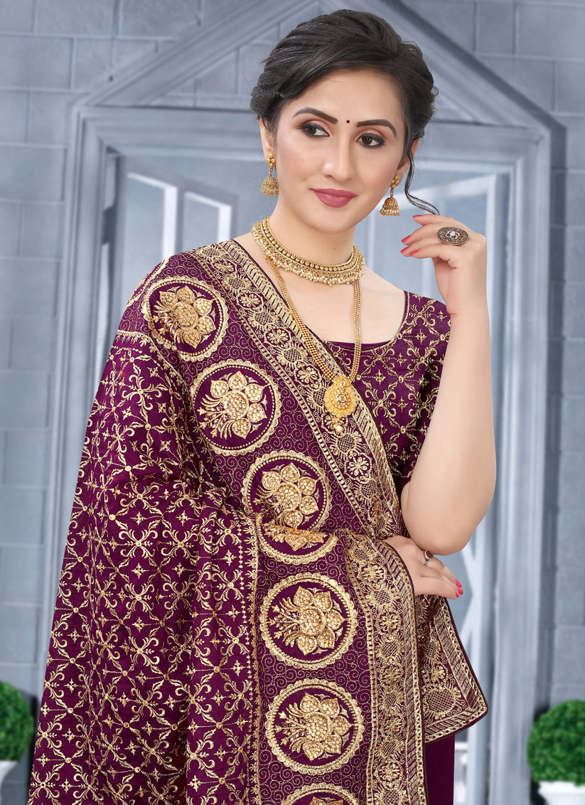 Wine Vichitra Blooming Silk Embroidered Saree